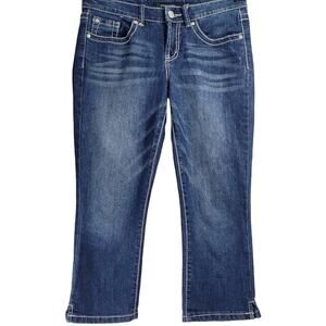 Womens Denim Capri Jeans Embellished Pockets‎ White Stitching Blue Wash